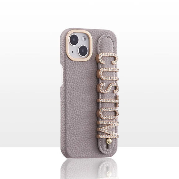 Leather Phone Case Custom Name Wristband Metal Gold Letters Personalized Cover for iPhone16 15 14 13 12 11ProMax 15 16plus Caseverse