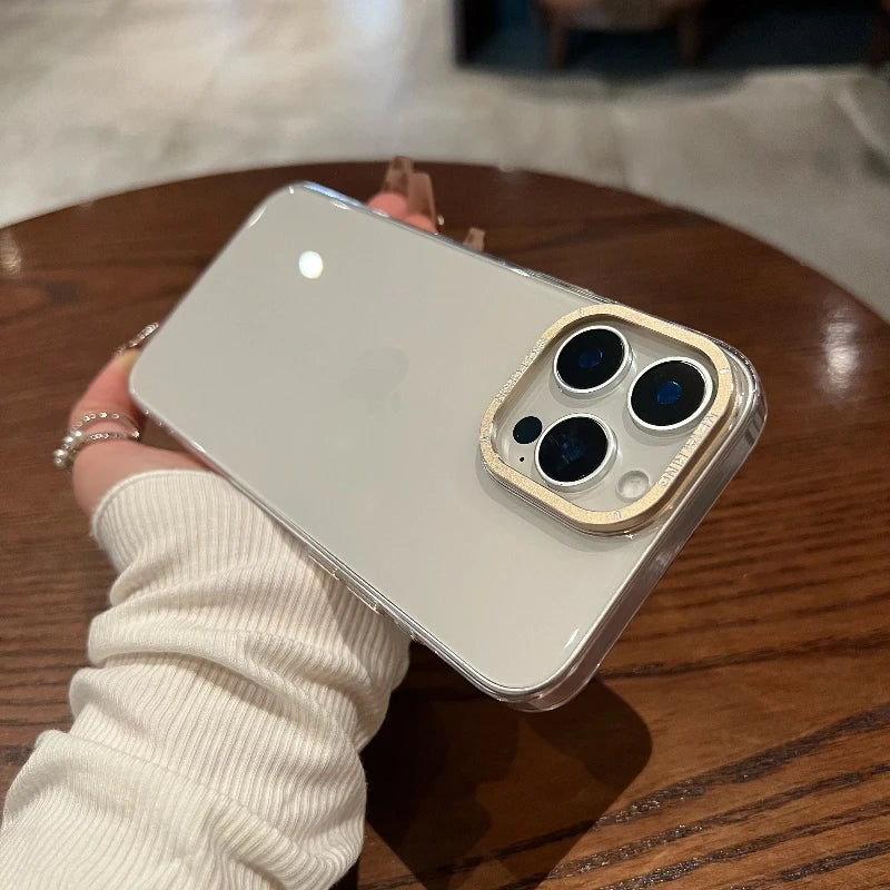 Luxury Metal camera frame protection phone case for iphone 16 15 14 13 12 pro max plus Transparent pc Shockproof Bumper cover - Caseverse