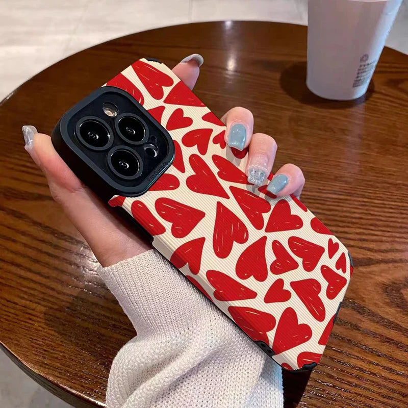 Fashion Red Love Heart Silicone Case For iPhone 11 12 13 14 15 Pro Max Mini X XS XR 8 7 16 Plus Soft Leather Shockproof Cover - Caseverse
