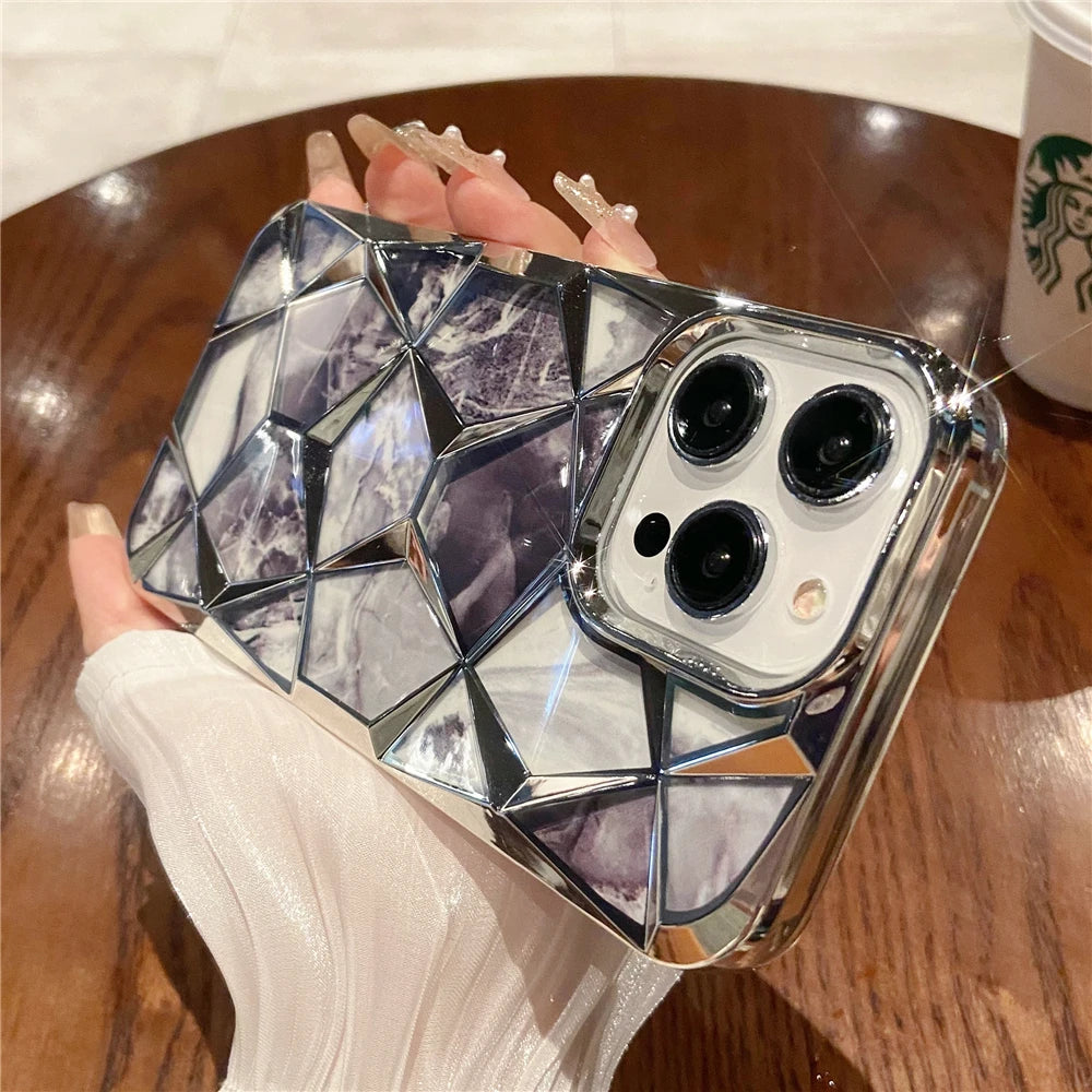 Plating Glitter Diamond Pattern Colorful Marble Phone Case For iPhone 15 13 11 12 14 Pro Max Soft Silicone Transparent Cover - Caseverse