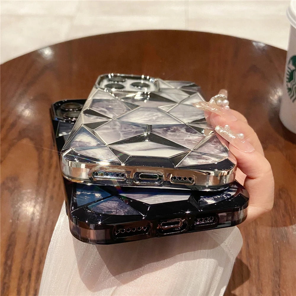 Plating Glitter Diamond Pattern Colorful Marble Phone Case For iPhone 15 13 11 12 14 Pro Max Soft Silicone Transparent Cover - Caseverse