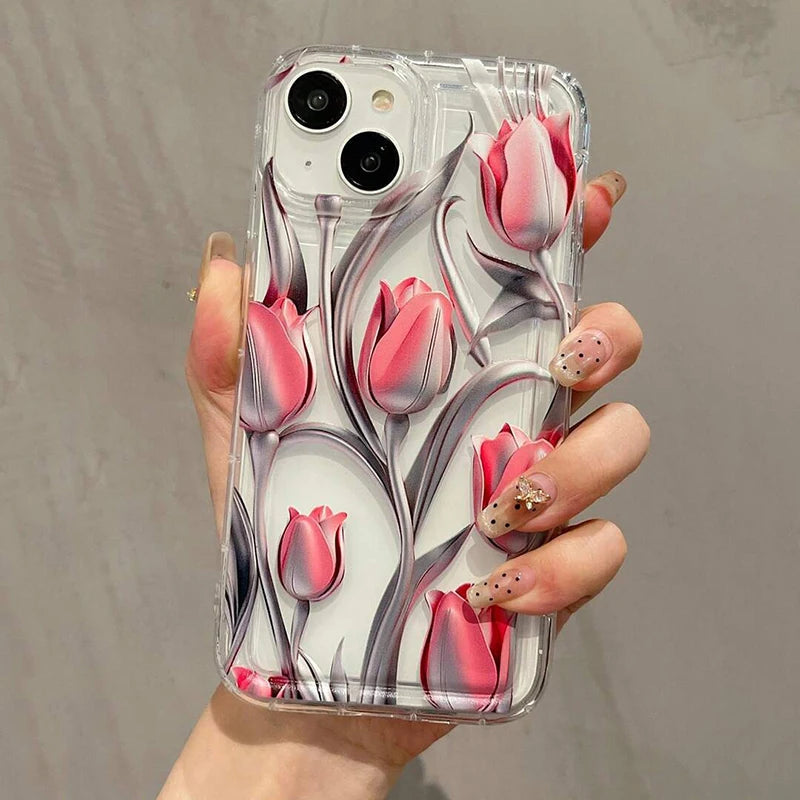 Metal Tulip Pattern Airbag Protective Phone Case For iPhone 14 13 11 15 16 Pro Max 16E 12 Mini XS XR X 8 7 Plus SE 2 Plus Cover Caseverse