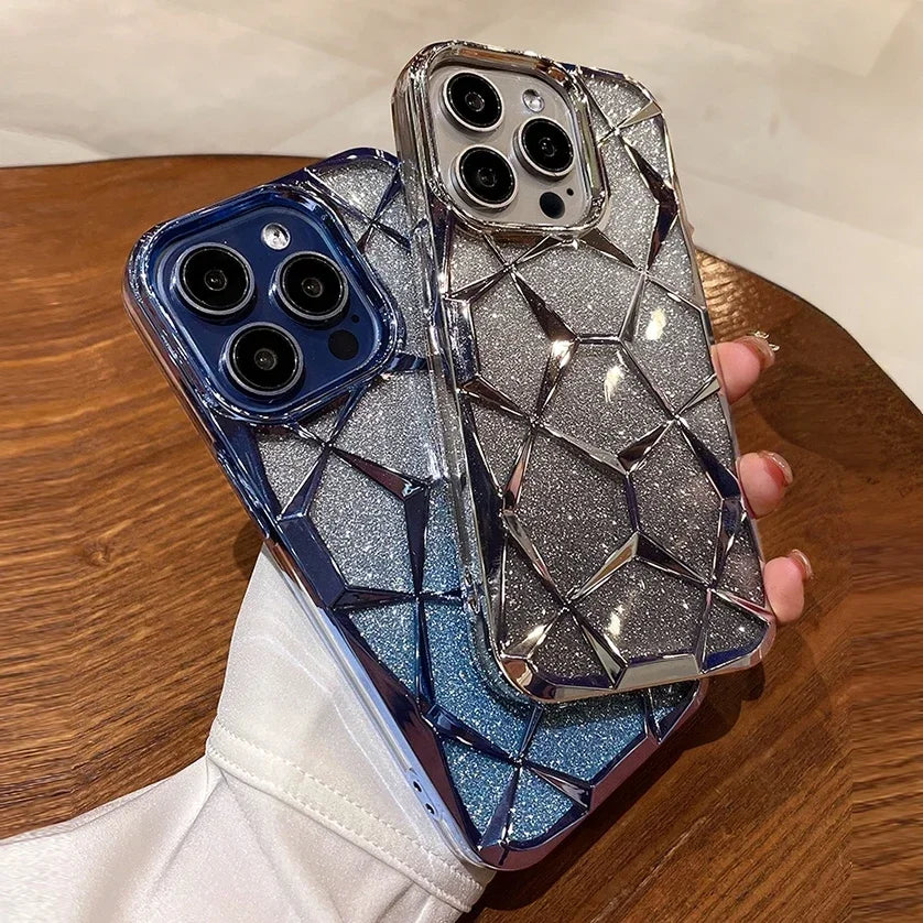 Luxury Girl's Phone Case for iPhone 15 14 13 12 11 Pro Max Plus Glitter Bling 3D Cube Diamond Marble Soft TPU Shockproof Cover - Caseverse