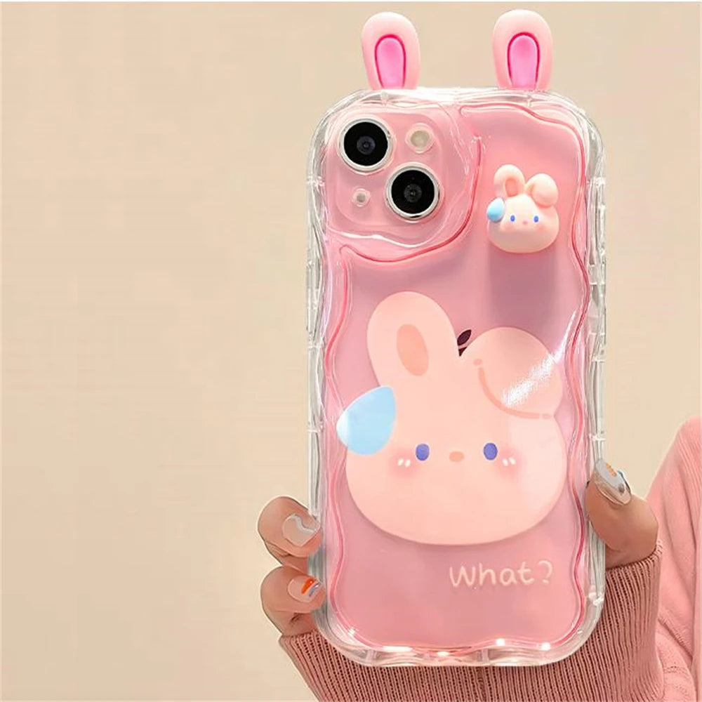Korean Cute 3D Bear Frog Rabbit Ear Soft Silicone Phone Case For iPhone 14 15 Pro Max 13 12 Pro 11 Cartoon Clear Cover - Caseverse