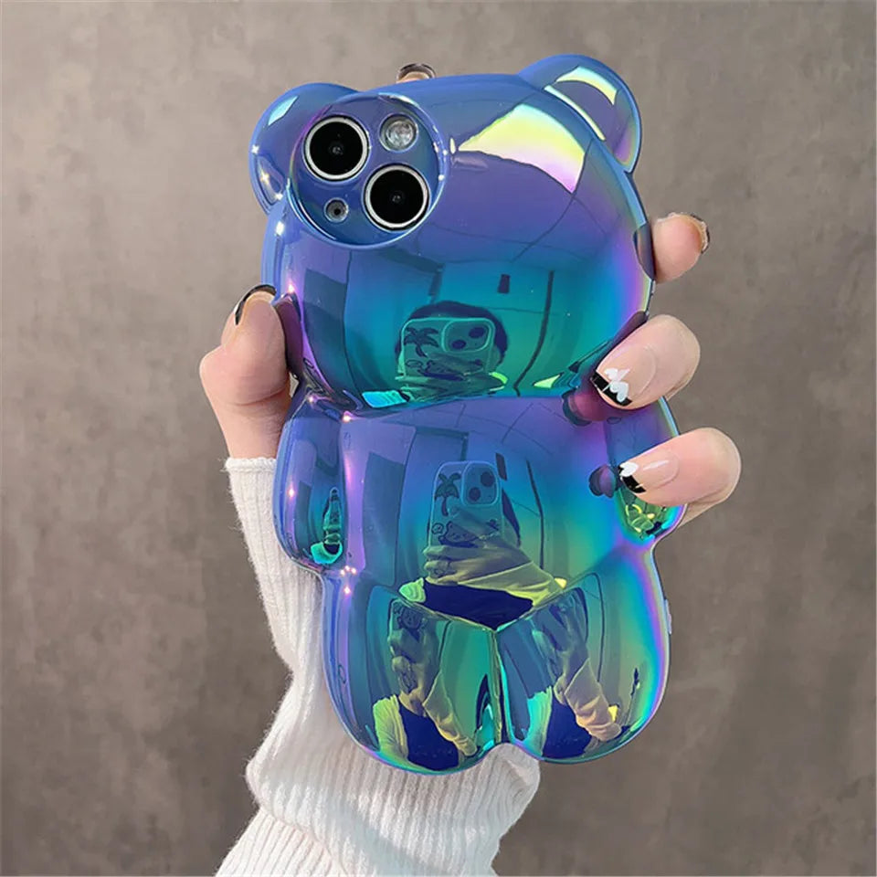 Stylish laser luxury cute 3D Bear shockproof phone case for iPhone 11 14 12 13 14 15 Pro Max Soft silicon anti-drop bumper cover - Caseverse