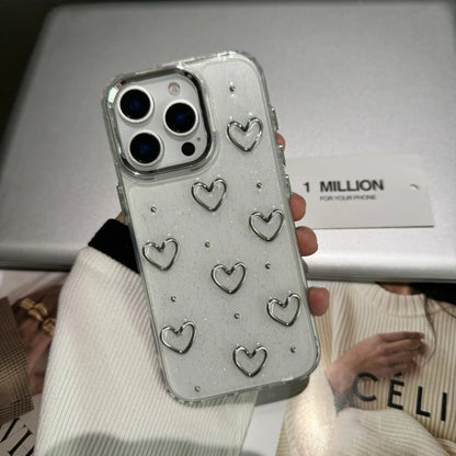 Cute Metal Love Heart Epoxy Glitter Phone Case For iPhone 16 15 14 13 12 11 Pro Max Plus Bling Clear Shockproof Soft Cover Caseverse
