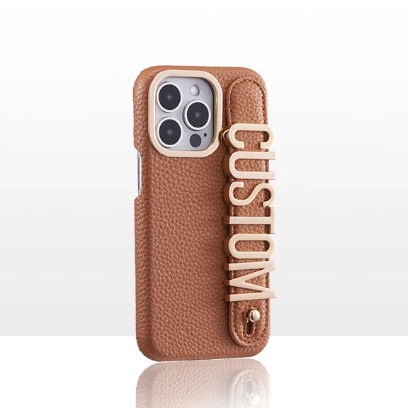 Leather Phone Case Custom Name Wristband Metal Gold Letters Personalized Cover for iPhone16 15 14 13 12 11ProMax 15 16plus Caseverse