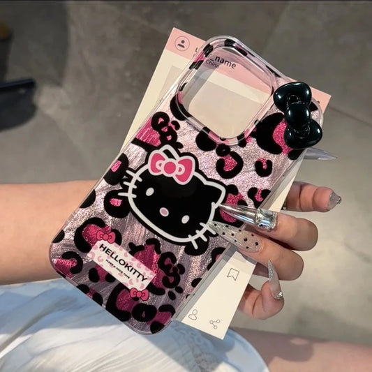 Pink Leopard Print HelloKitty Bow Mobile Phone Case For iPhone 15 14 13 12 11 Pro Max XR XS 7 8 Plus Silicone Laser Covers Y2K - Caseverse