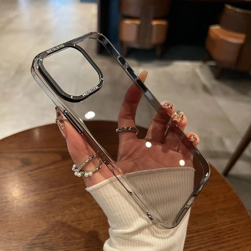 Luxury Metal camera frame protection phone case for iphone 16 15 14 13 12 pro max plus Transparent pc Shockproof Bumper cover - Caseverse