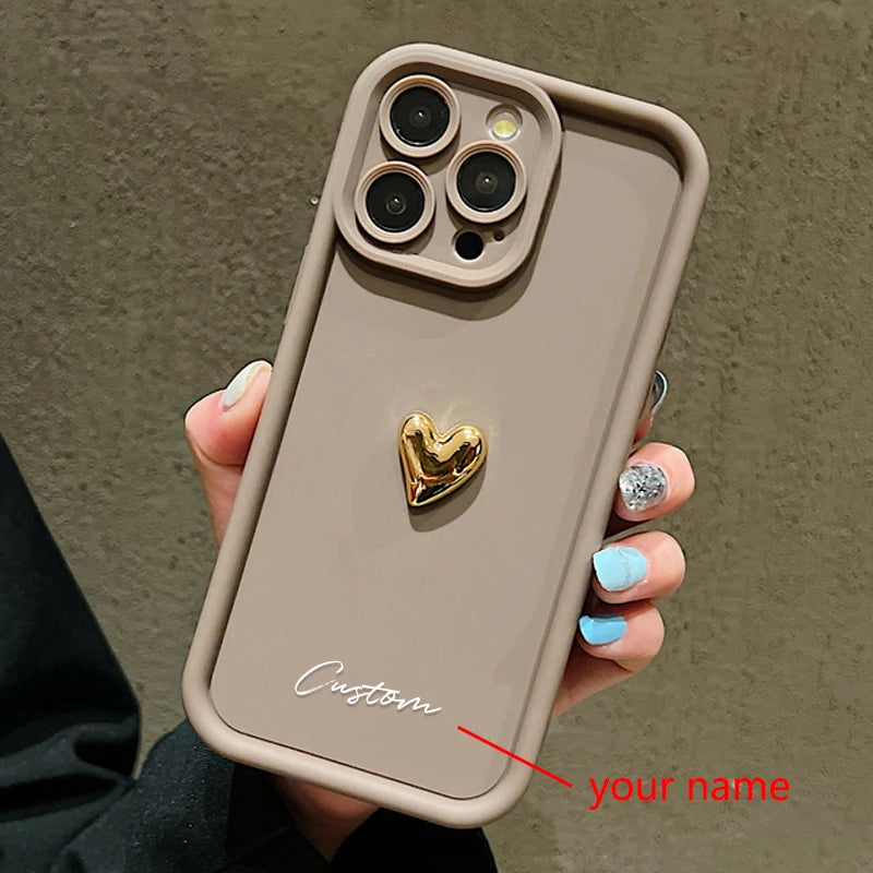 3D Gold Love Heart Personalized Custom Name Case For iPhone 16 15 14 13 12 11 Pro Max X XS XR 7 8 Plus Silicone Candy DIY Cover Caseverse