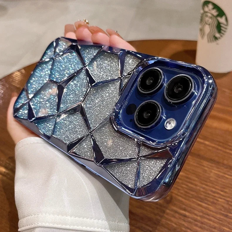 Luxury Girl's Phone Case for iPhone 15 14 13 12 11 Pro Max Plus Glitter Bling 3D Cube Diamond Marble Soft TPU Shockproof Cover - Caseverse