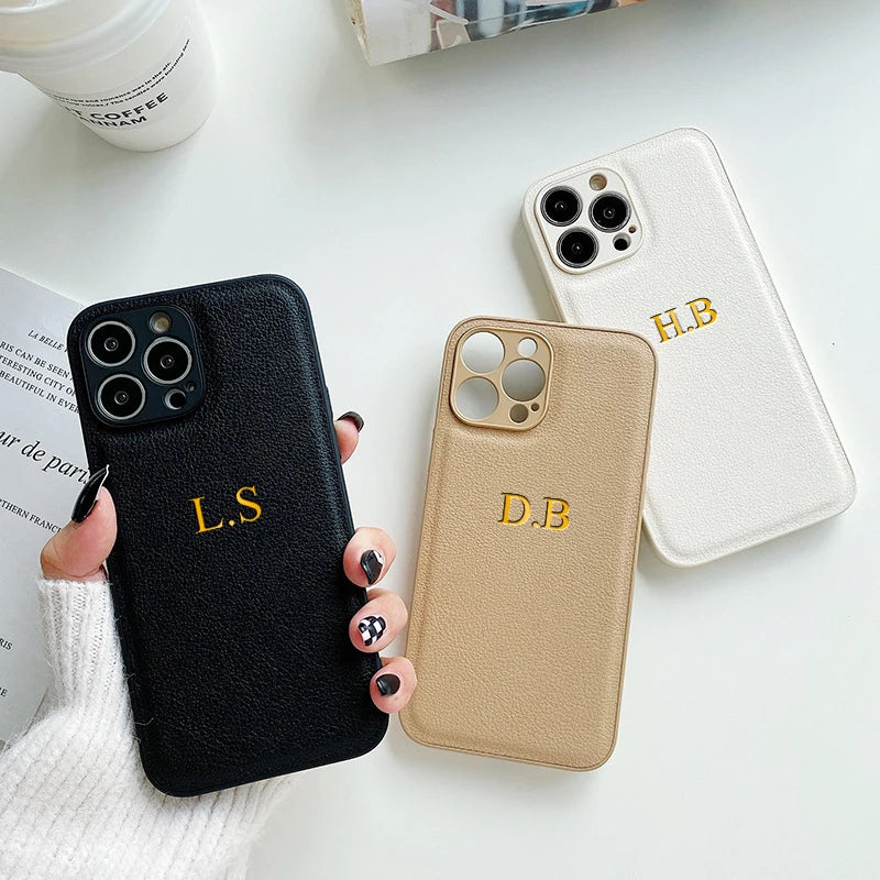 Customized Phone Case For iPhone 16 15 14 13 12 11 Pro Max Plus Personalized Name Initials Letters Luxury Leather DIY Cover 16 Caseverse