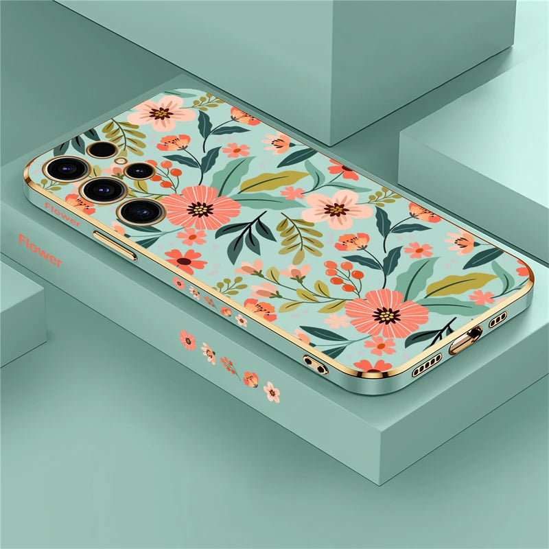 S24 Plus Luxury Plating Phone Case For Samsung Galaxy S24 Ultra S24 5G A25 A24 A15 Shockproof Flowers Pattern Back Cover Coque - Caseverse