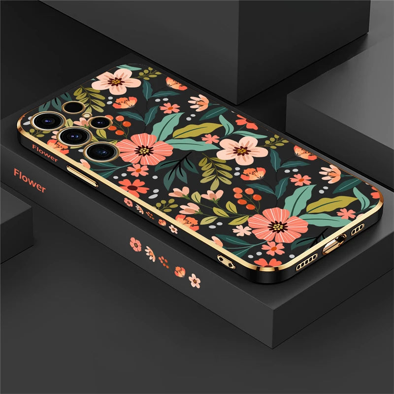S24 Plus Luxury Plating Phone Case For Samsung Galaxy S24 Ultra S24 5G A25 A24 A15 Shockproof Flowers Pattern Back Cover Coque - Caseverse