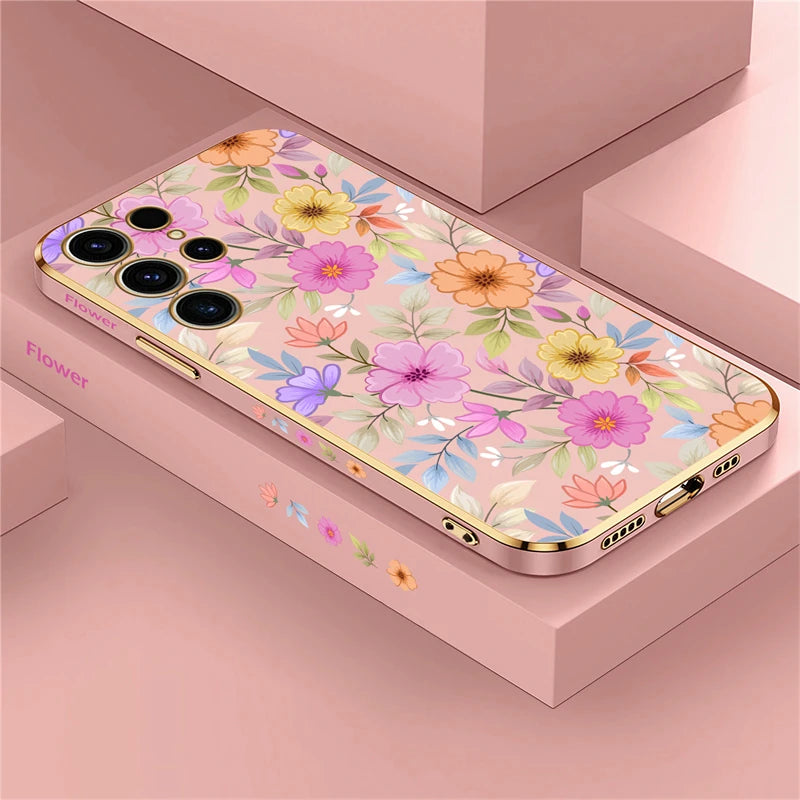 S24 Plus Luxury Plating Phone Case For Samsung Galaxy S24 Ultra S24 5G A25 A24 A15 Shockproof Flowers Pattern Back Cover Coque - Caseverse