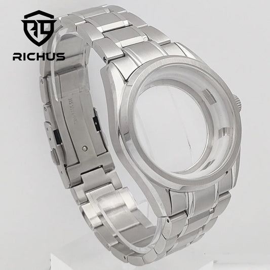 RICHUS NH35 Watch case 40mm silver watch case sapphire glass with strap Fit NH34 NH35 NH36 Movement