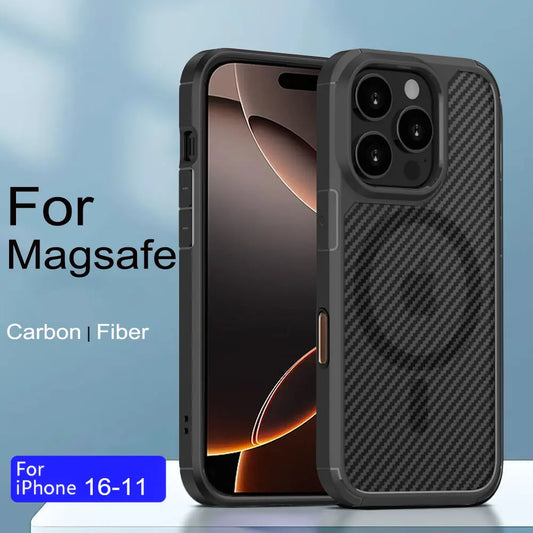 Mag Safe Carbon Fiber Phone Case For iPhone 16 15 14 13 12 11 Pro Max Shockproof Armor Cover For iPhone 16 Plus Magnetic Case - Caseverse