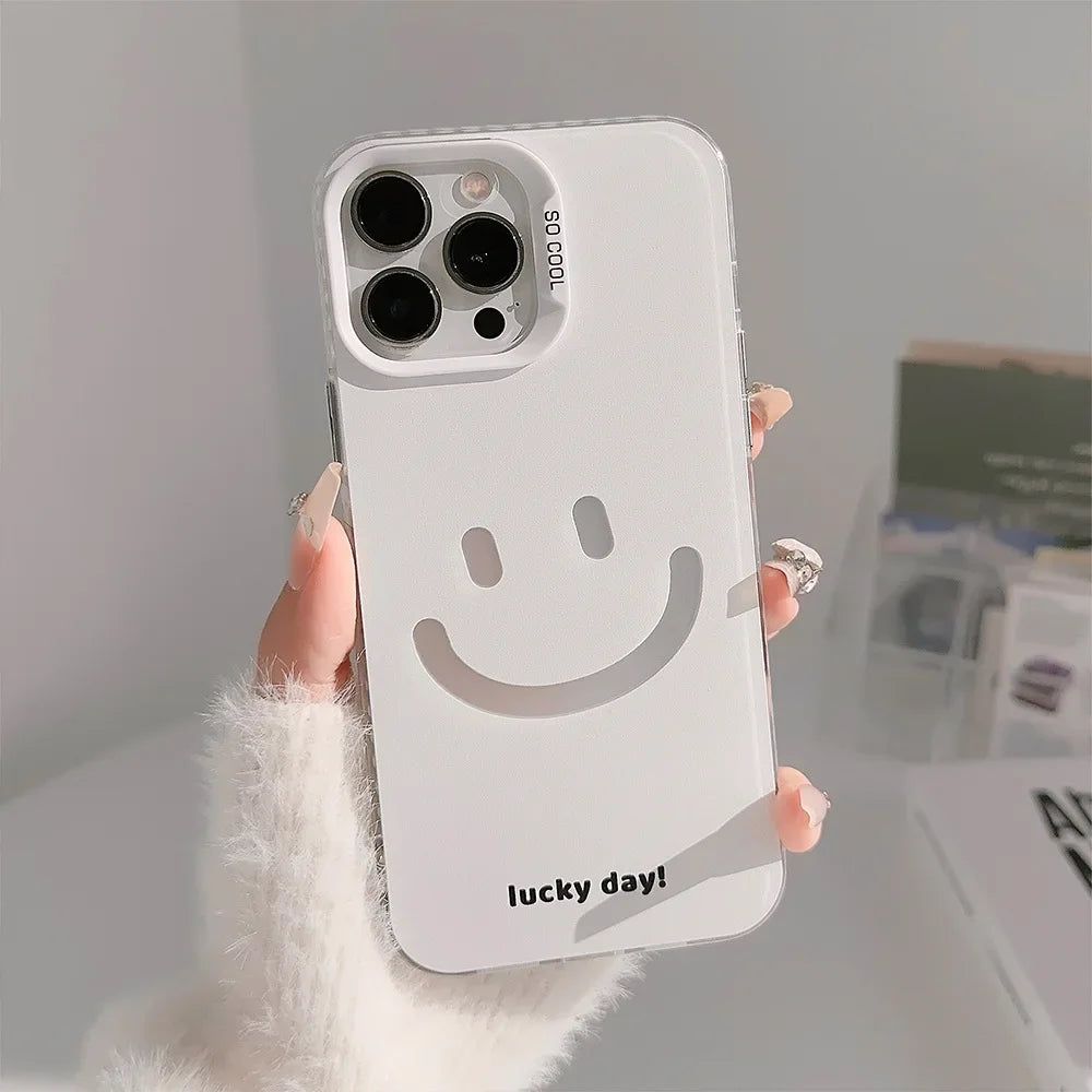 Cute Smiling Face White Phone Cases for iPhone 16 Pro Max Plus 15 14 13 12 11 Cool Minimalist Phone Covers - Caseverse