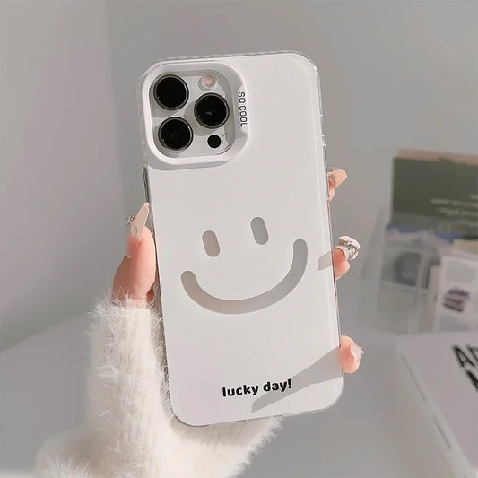Cute Smiling Face White Phone Cases for iPhone 16 Pro Max Plus 15 14 13 12 11 Cool Minimalist Phone Covers - Caseverse