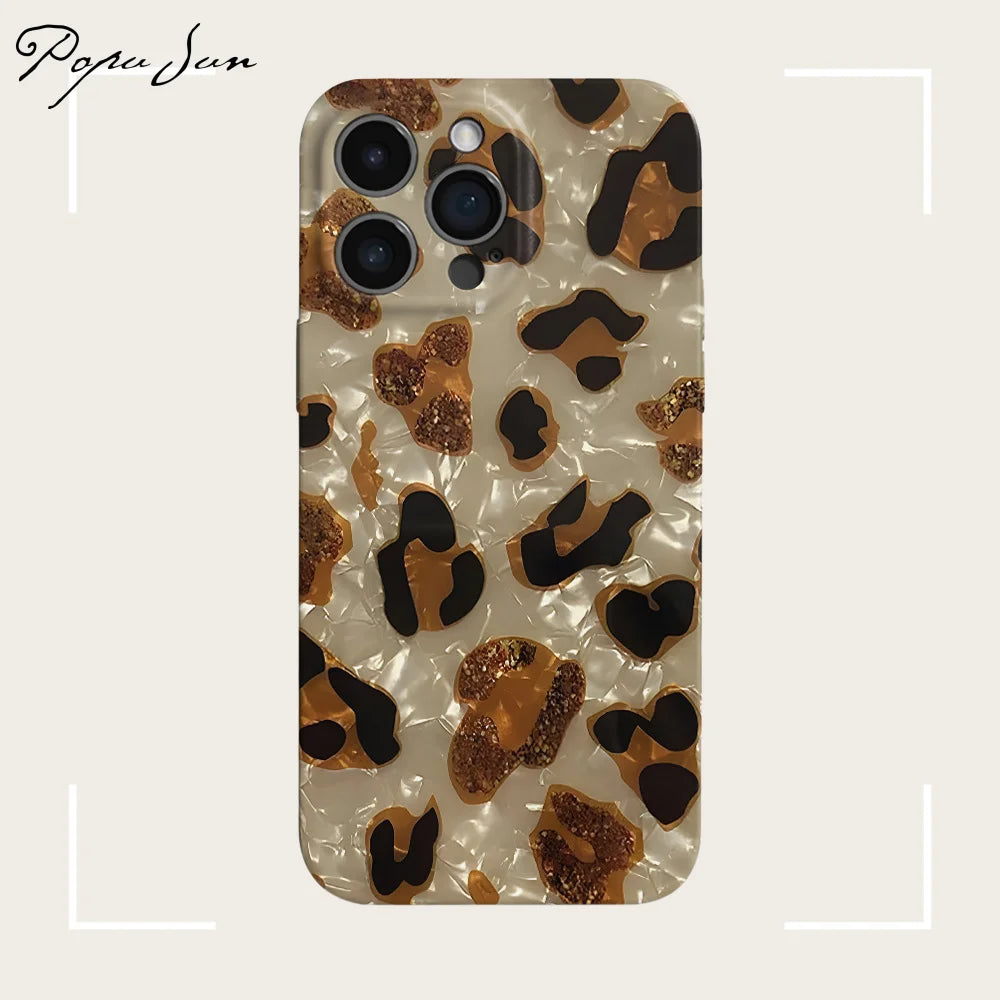 Vintage Glitter Leopard Print Phone Case For IPhone 16 15 13 12 11 Pro Max 14 Plus Dream Shell Leopard Marble Texture Hard Cover - Caseverse