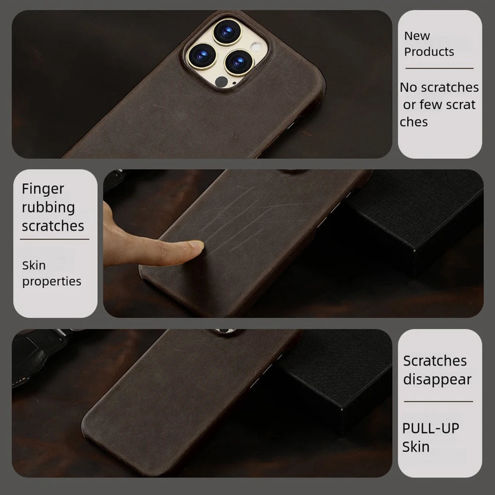 Retro Cowhide Phone Case for iPhone 16 15 13 14 Pro Max 16Pro 14Pro 15Pro Luxury Crazy Horse Genuine PULL-UP Leather Back Cover Caseverse