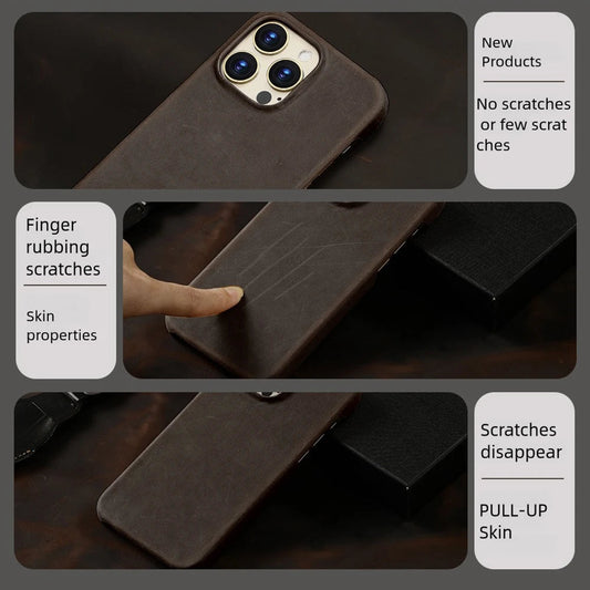 Retro Cowhide Phone Case for iPhone 16 15 13 14 Pro Max 16Pro 14Pro 15Pro Luxury Crazy Horse Genuine PULL-UP Leather Back Cover Caseverse