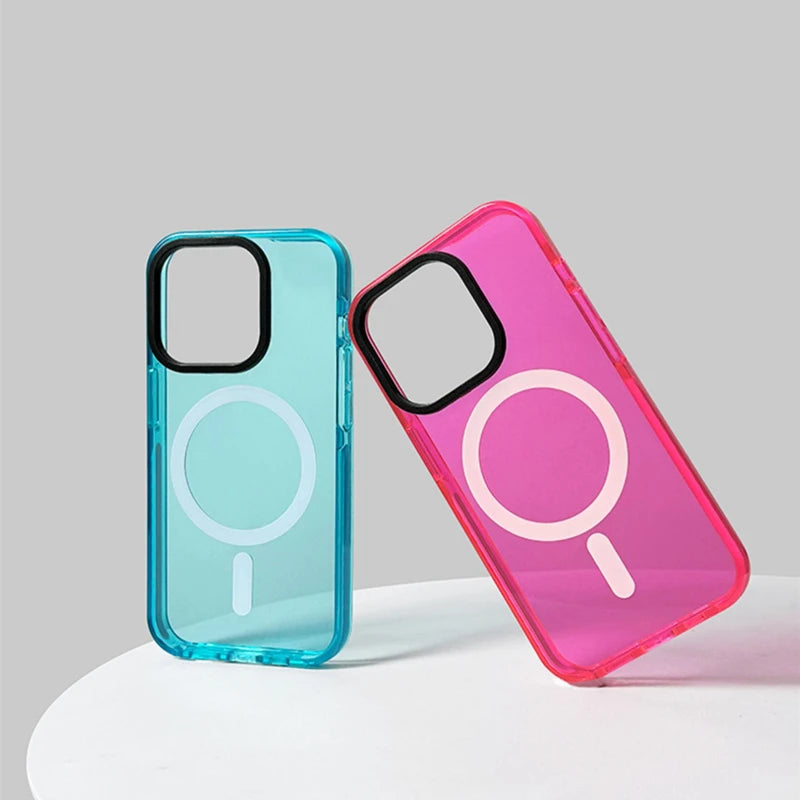 Transparent Neon Color MagSafe Phone Case for iPhone 16 15 Pro Max 14Pro 13 14 12 Wireless Charging Soft Silicone Bumper Cover - Caseverse