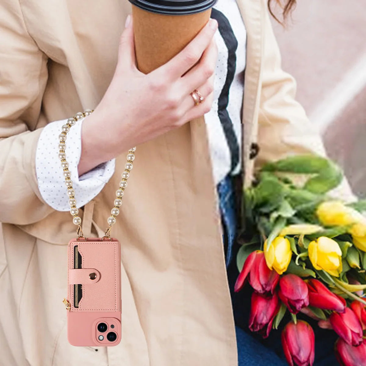 Stylish Mirror Zipper and Pearl Cord Phone Case for IPhone13promax 12mini 11promax 7 Crossbody Fall-proof Faux Leather Cover