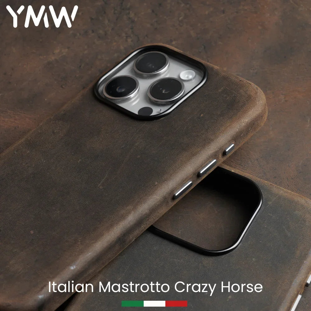 YMW Italian Crazy Horse Genuine Leather Case for iPhone 16 Pro Max 15 14 Personality Cowhide Magnetic Phone Cover - Caseverse