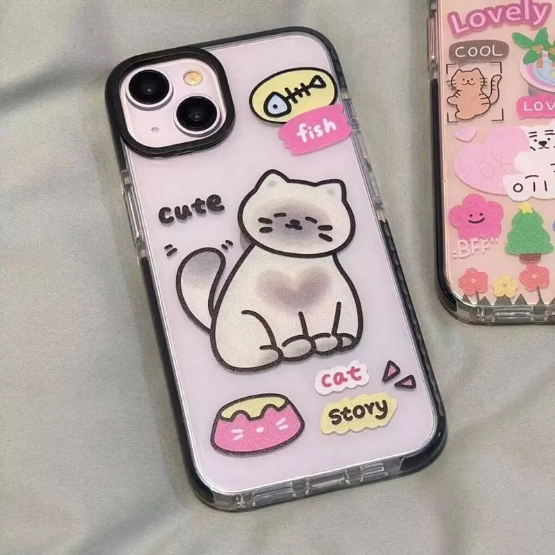 Fish Bone Lovely Little Cat Pattern Phone Case For iPhone 16 15 14 13 12 11 Pro Max XR XS 7 8 Plus Transparent Shockproof Cover - Caseverse