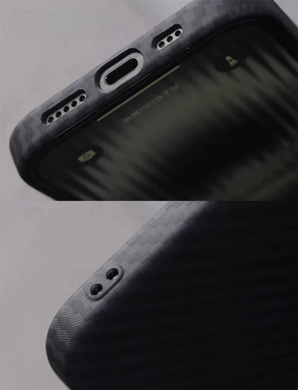 Luxury Alloy Lens 3D Relief Black Carbon Fibre Pattern Case For iPhone 13 14 15 16 Pro Max Slim Shockproof PC Cover For Magsafe Caseverse
