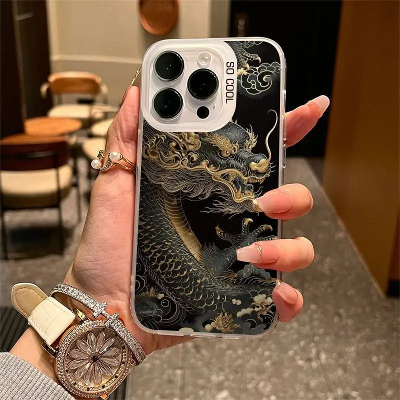 Golden Dragon Personality Pattern Shockproof Matte Phone Case For iPhone 16 15 14 13 12 11 Pro Max XR XS MAX 7 8 PLUS MINI Cover - Caseverse