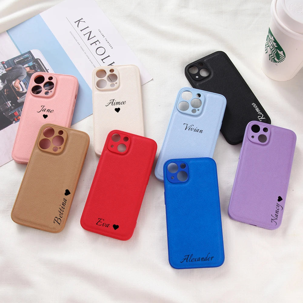 Personalized Customized Name Heart Phone Case for iPhone 16 15 14 13 Pro Max 12 11 X XS XR Design Leather Protective Back Cover Caseverse