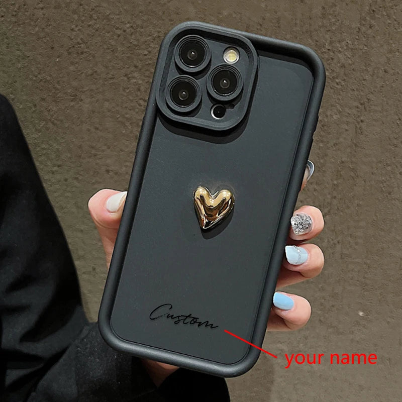 3D Gold Love Heart Personalized Custom Name Case For iPhone 16 15 14 13 12 11 Pro Max X XS XR 7 8 Plus Silicone Candy DIY Cover Caseverse