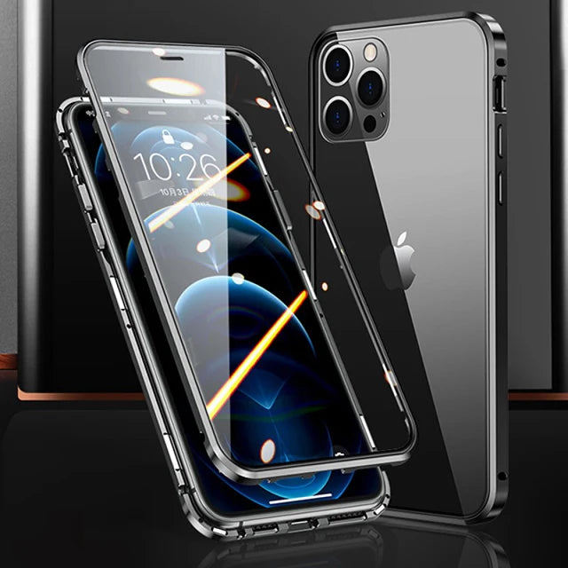 360°Full Protection Metal Magnetic Phone Case For IPhone 16 Pro Max 14 13 12 11 15 Pro Max X XS XR Plus Double-Sided Glass Cover - Caseverse