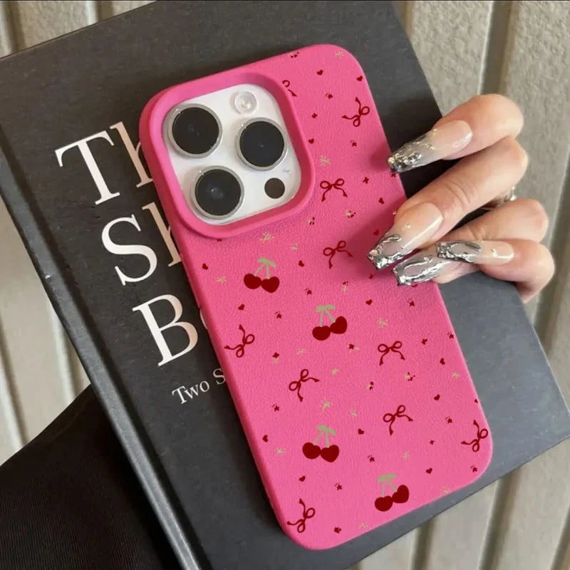 For iPhone 16 15 14 13 12 11 Pro Max Case Cherry Bow Lichee Pattern Silicone Phone Cover For iPhone XS Max 14 15 16 Plus Fundas - Caseverse