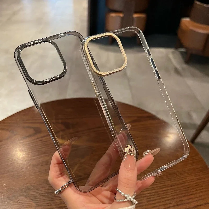 Luxury Metal camera frame protection phone case for iphone 16 15 14 13 12 pro max plus Transparent pc Shockproof Bumper cover - Caseverse