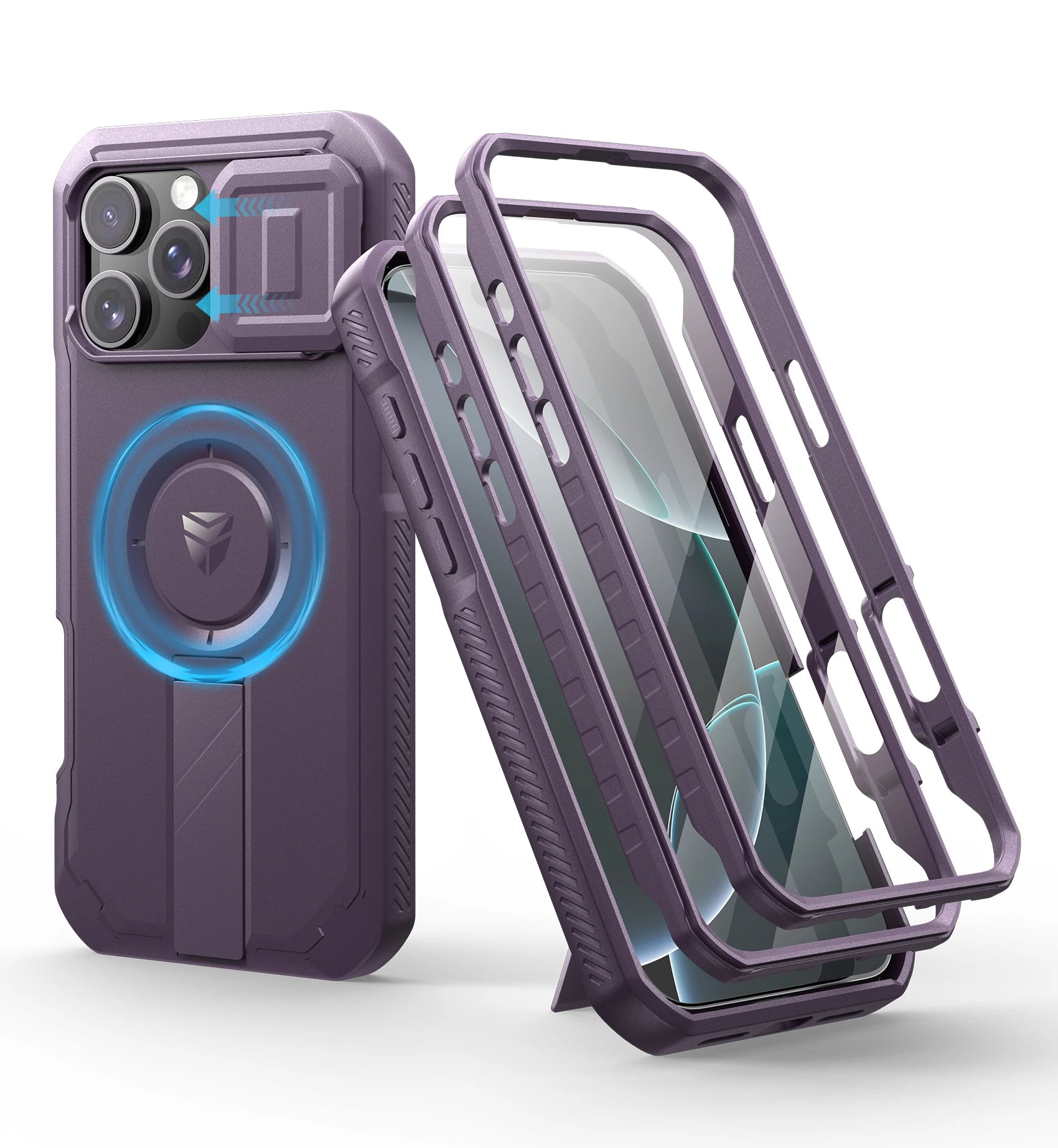 For iPhone 16 Pro Max Rugged Armor Shockproof Case with Built-in Sliding Camera Cover and Built-in Screen Protector Kickstand - Caseverse