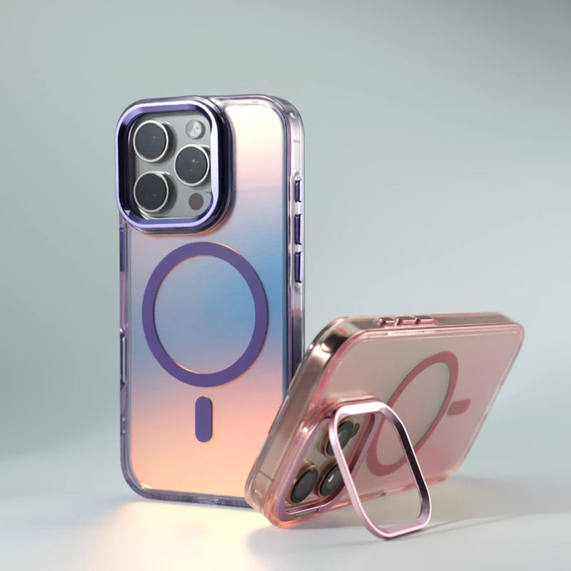 Metal Lens Kickstand Laser MagSafe Phone Case For iPhone 16 16pro max 14 15 Pro 13 12 Magnetic Wireless Charging Hard PC Cover Caseverse
