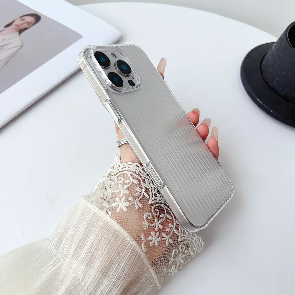 Metal Button Key Vertical Stripe Corrugated Clear Phone Case for IPhone 13 14 15 16 Pro Max Shockproof PC Protective Back Cover Caseverse