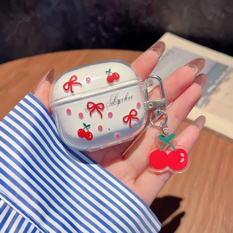 Suitable For Lenovo LP40 TWS Earphone Protective Case Cartoon Cherry Bow Headset Soft TPU Clear Earphone Cover With Keychain Caseverse