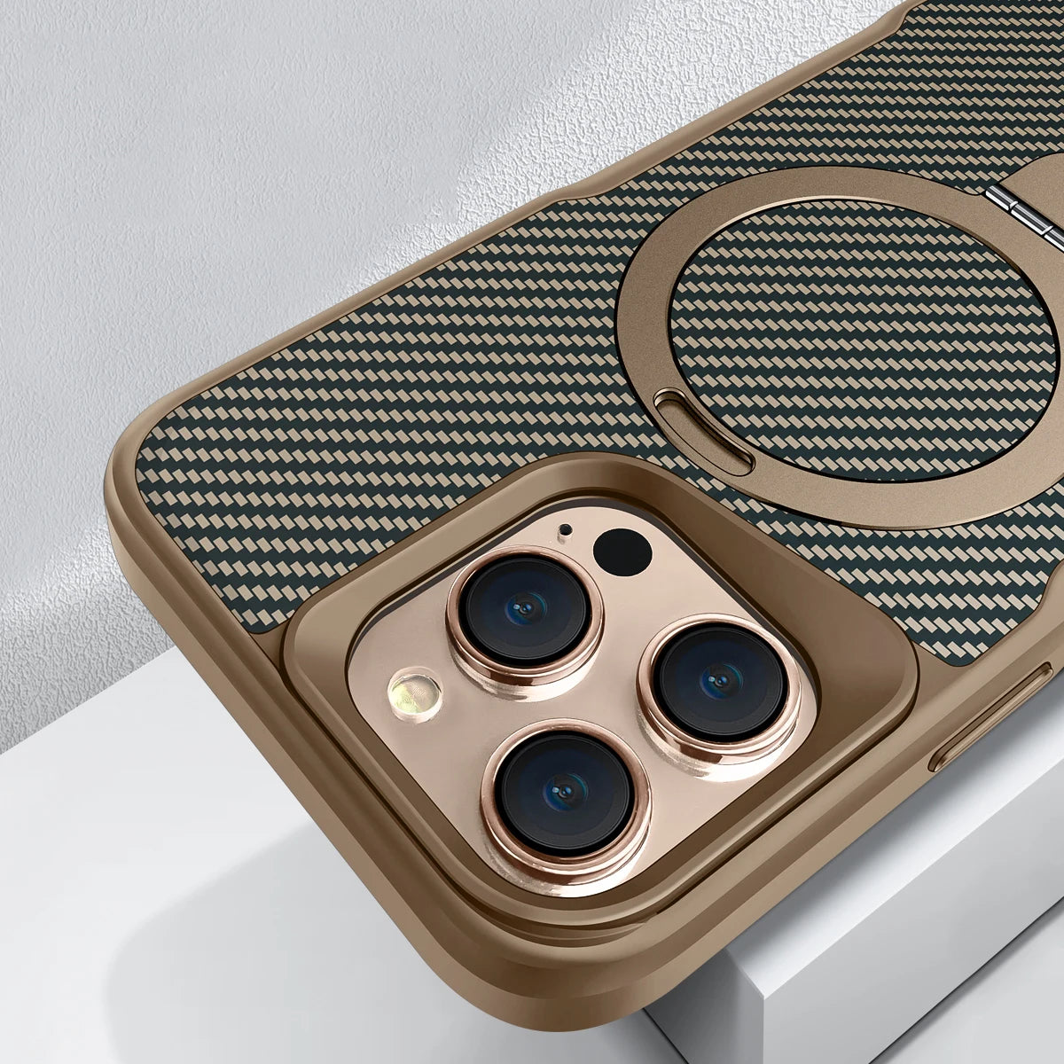 Desert Titanium metal holder carbon fibre magnetic phone case for iPhone 16 15 14 13 12 Pro Max magsafe charging armor hard case - Caseverse