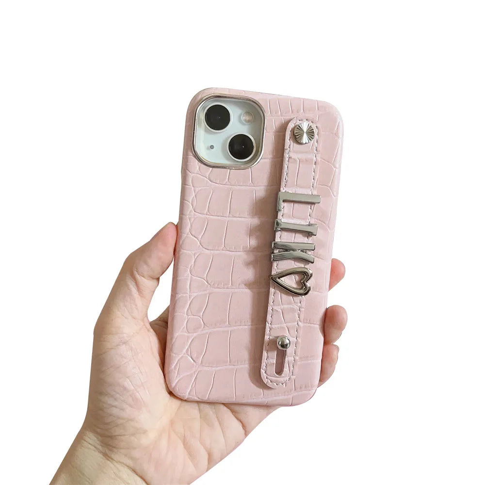 Luxury Custom Personalised Name Silver Metal Letter Charm Leather Phone Cases For Iphone 14 13 12 11 15 Pro Max 16 pro max Cover Caseverse