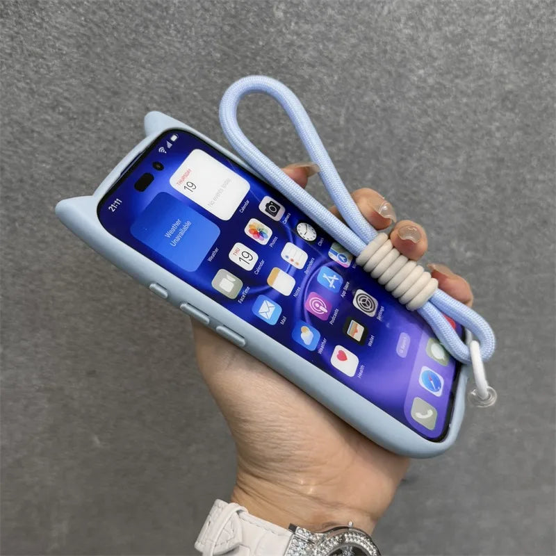 Cute Cat Ear Magsafe Case for iPhone 13 14 15 16 Pro Max 11 12 15 16 Plus Transparent PC TPU Armor Cover with Wrist Strap Chain - Caseverse