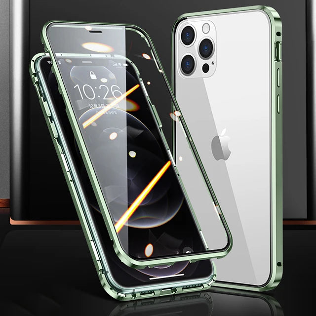 360°Full Protection Metal Magnetic Phone Case For IPhone 16 Pro Max 14 13 12 11 15 Pro Max X XS XR Plus Double-Sided Glass Cover - Caseverse