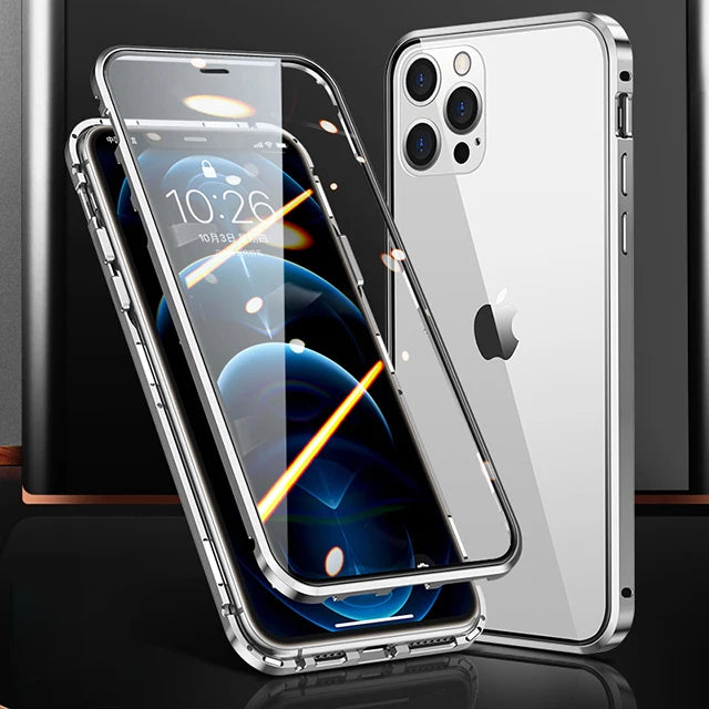 360°Full Protection Metal Magnetic Phone Case For IPhone 16 Pro Max 14 13 12 11 15 Pro Max X XS XR Plus Double-Sided Glass Cover - Caseverse