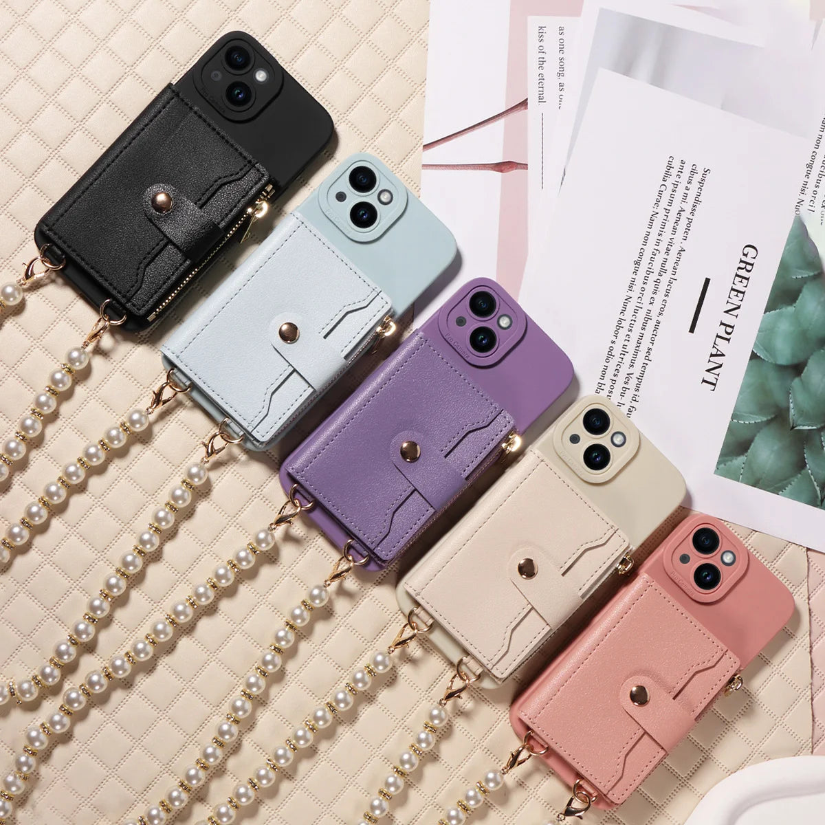 Stylish Mirror Zipper and Pearl Cord Phone Case for IPhone13promax 12mini 11promax 7 Crossbody Fall-proof Faux Leather Cover