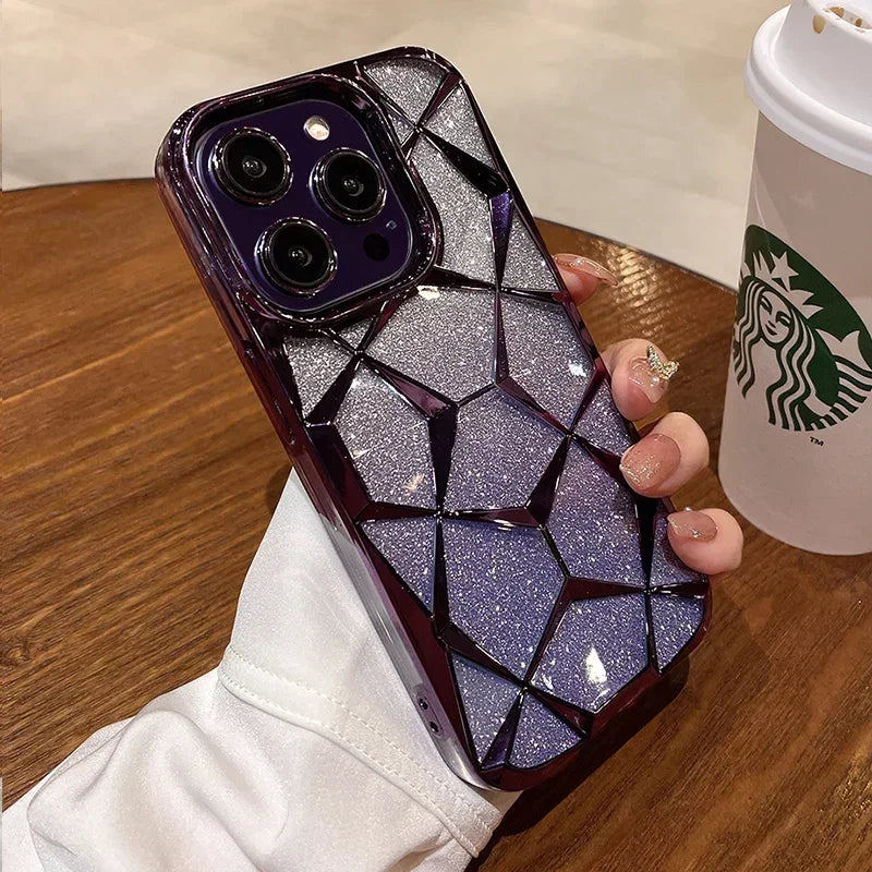 Luxury Girl's Phone Case for iPhone 15 14 13 12 11 Pro Max Plus Glitter Bling 3D Cube Diamond Marble Soft TPU Shockproof Cover - Caseverse