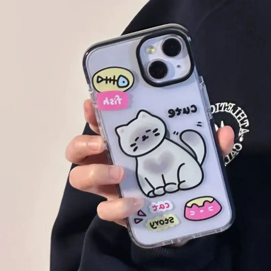 Fish Bone Lovely Little Cat Pattern Phone Case For iPhone 16 15 14 13 12 11 Pro Max XR XS 7 8 Plus Transparent Shockproof Cover - Caseverse