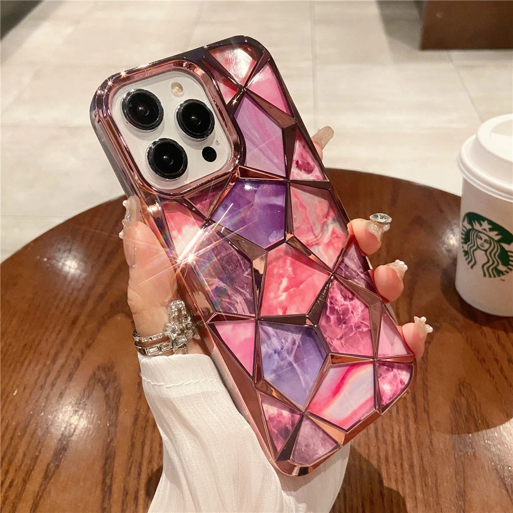 Plating Glitter Diamond Pattern Colorful Marble Phone Case For iPhone 15 13 11 12 14 Pro Max Soft Silicone Transparent Cover - Caseverse